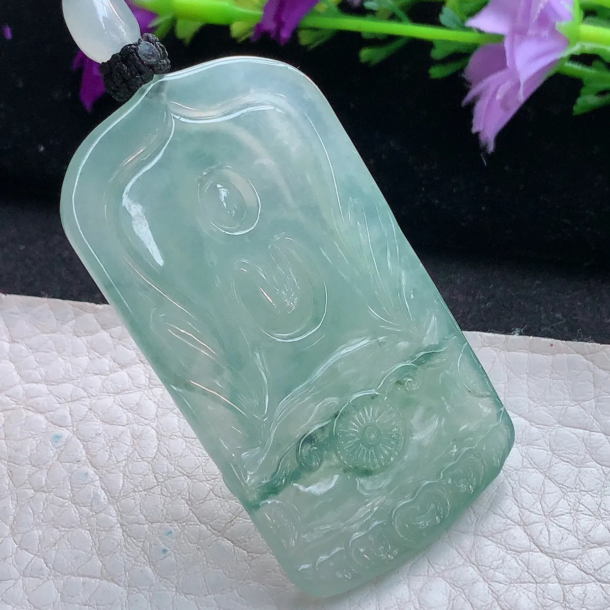 yl实拍57.5*33.3*5.6缅甸翡翠精雕冰飘花坐莲观音菩萨吊坠 普渡众生