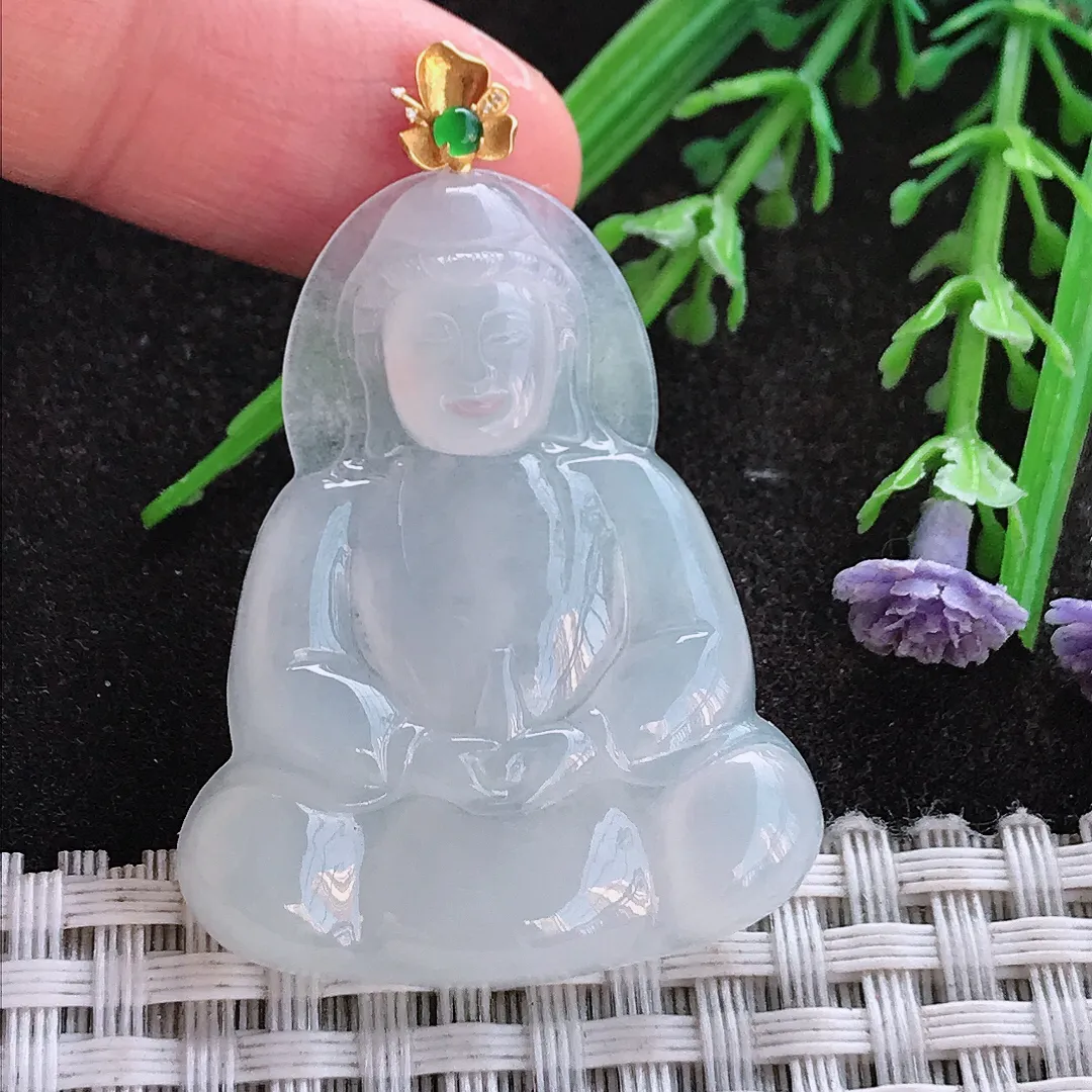 实拍A货翡翠40/31.6/4.6老坑18k金镶嵌冰胶月光白素衣观音吊坠翡翠挂件