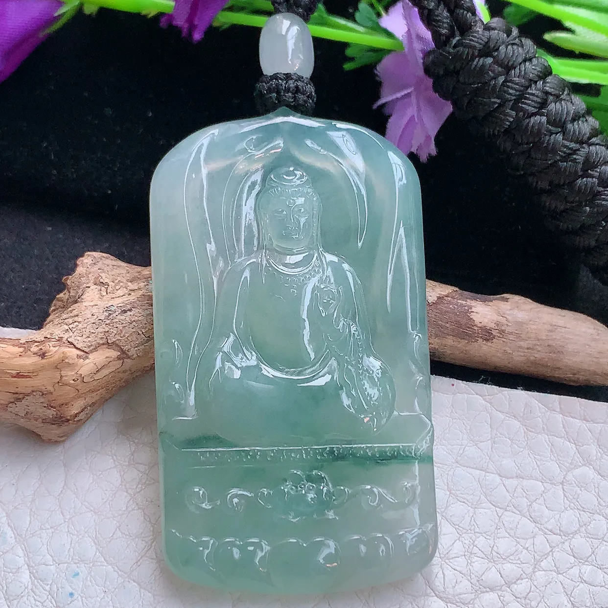 yl实拍57.5*33.3*5.6缅甸翡翠精雕冰飘花坐莲观音菩萨吊坠 普渡众生