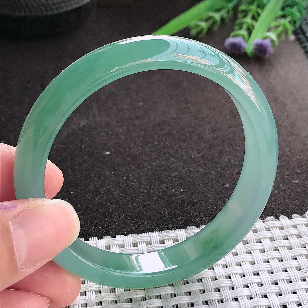 实拍翡翠A货57/11.7/7.2老坑冰胶果冻满色天空蓝手镯翡翠玉镯女款百搭