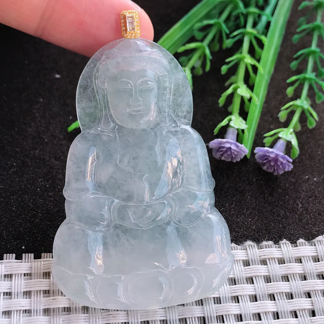 实拍A货翡翠59.5/39.8/4.2老坑18k金镶嵌白冰种观音吊坠翡翠挂件