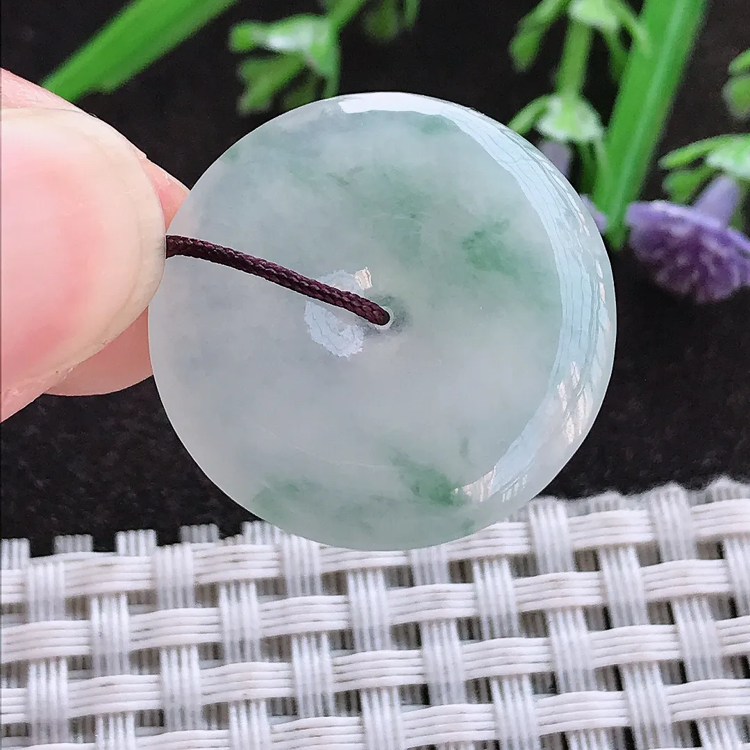 实拍A货翡翠24.7/4.1老坑冰胶水灵飘花小平安扣吊坠翡翠玉扣