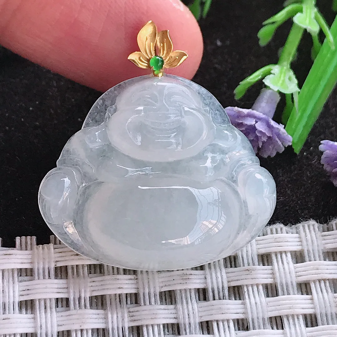 实拍A货翡翠21.5/25/5.9老坑18k金镶嵌冰种佛公吊坠翡翠玉佛