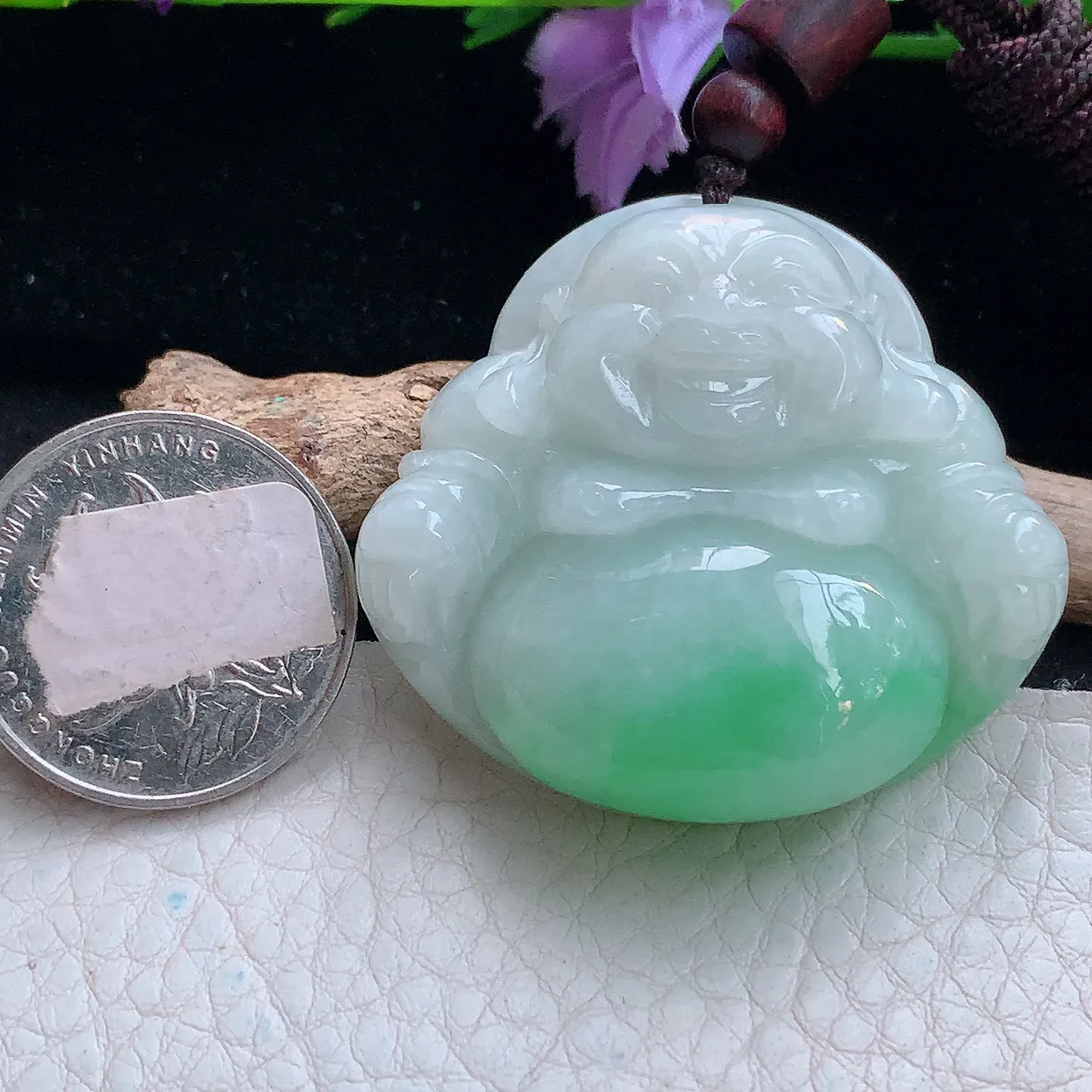 zen实拍40.5*44*13.8天然缅甸翡翠白底青飘绿佛公吊坠 大肚弥勒佛像