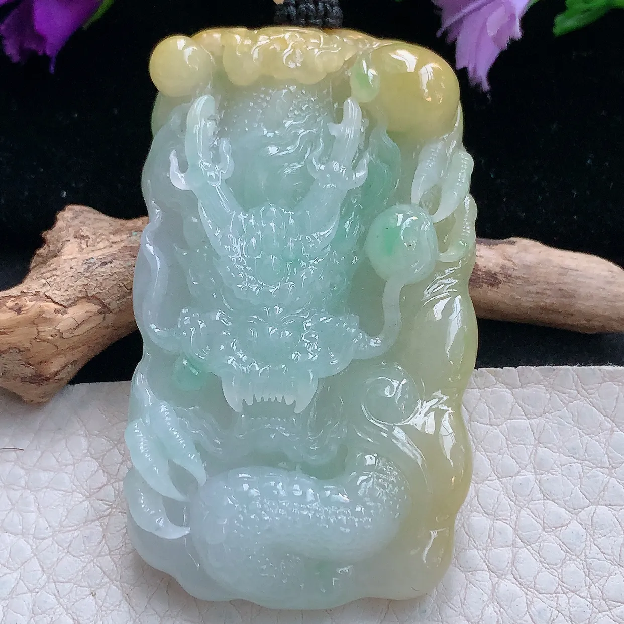 yl实拍66.6*38*11.6缅甸翡翠精雕黄加绿龙牌项坠 厚装霸气神龙降瑞