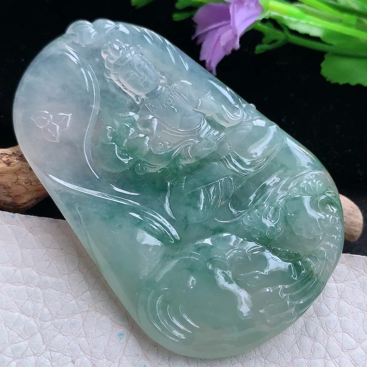 Ktj实拍70.5*46.5*5.8缅甸翡翠精雕冰飘花普贤观音菩萨吊坠 生肖守护神