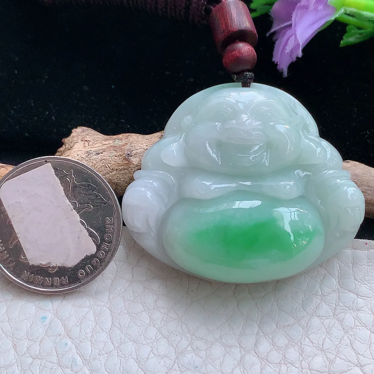 zen实拍37.5*44*11.8天然缅甸翡翠白底青飘阳绿佛公吊坠 大肚弥勒佛像