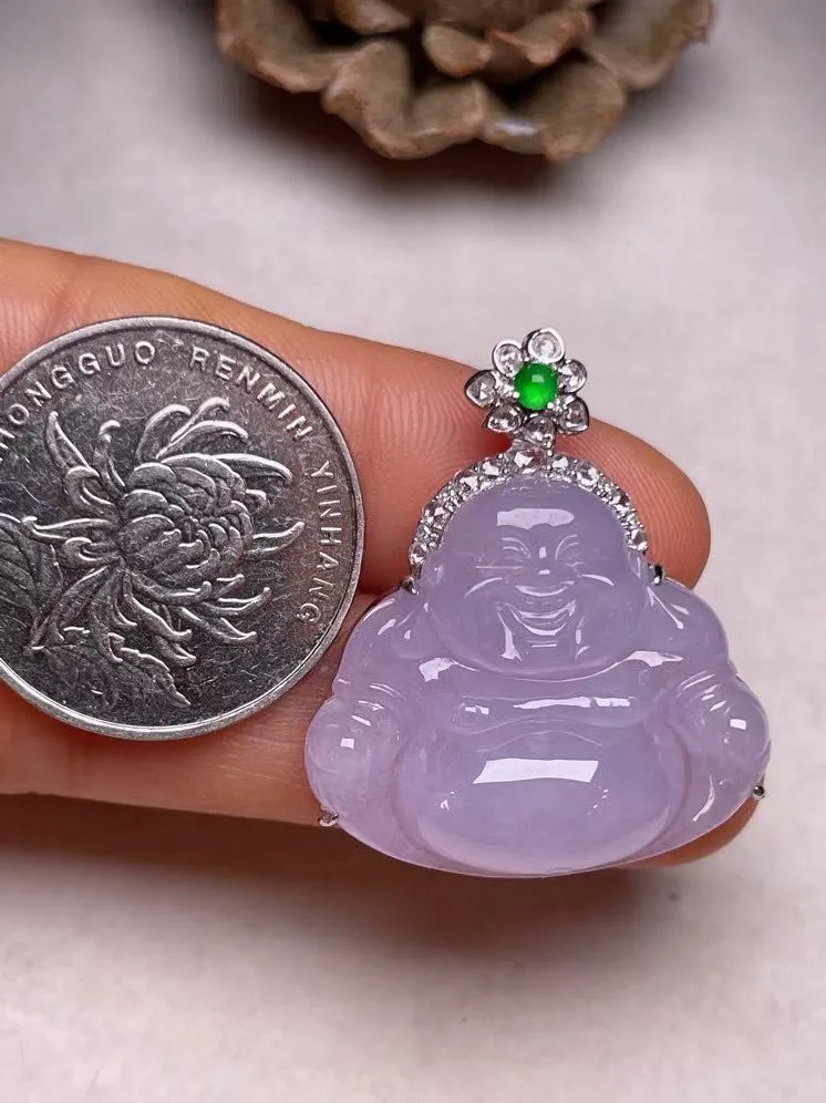 冰糯种淡紫罗兰佛公吊坠、真金真钻镶嵌，种水好，玉质细腻 .裸石尺寸 27.6*23.6