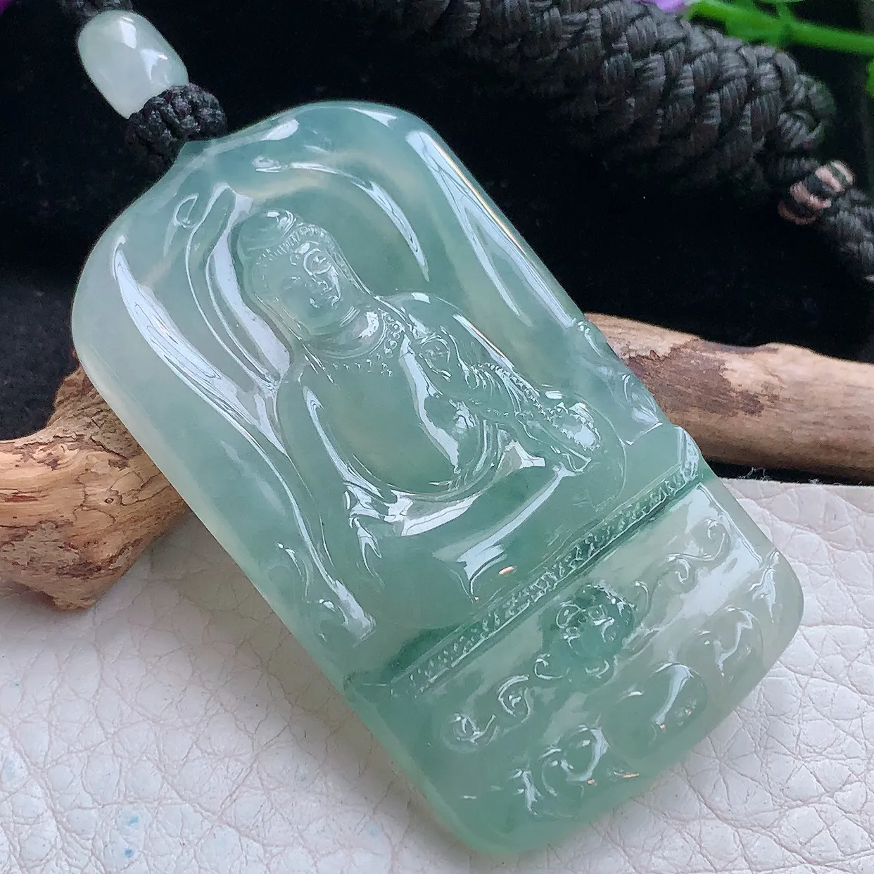 yl实拍57.5*33.3*5.6缅甸翡翠精雕冰飘花坐莲观音菩萨吊坠 普渡众生