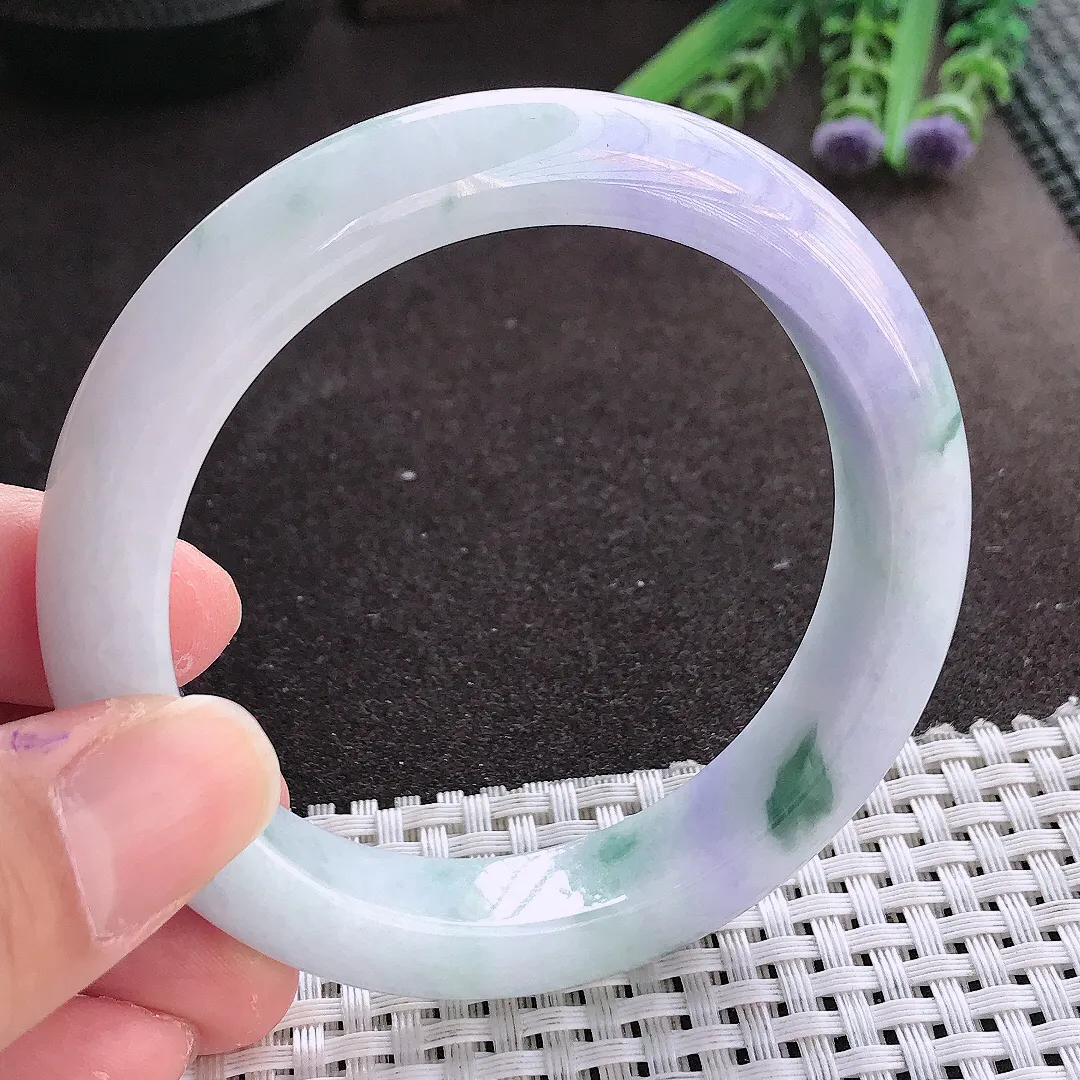 实拍翡翠A货57.5/12.5/9.2老坑精美冰润紫罗兰飘花手镯翡翠玉镯女款百搭