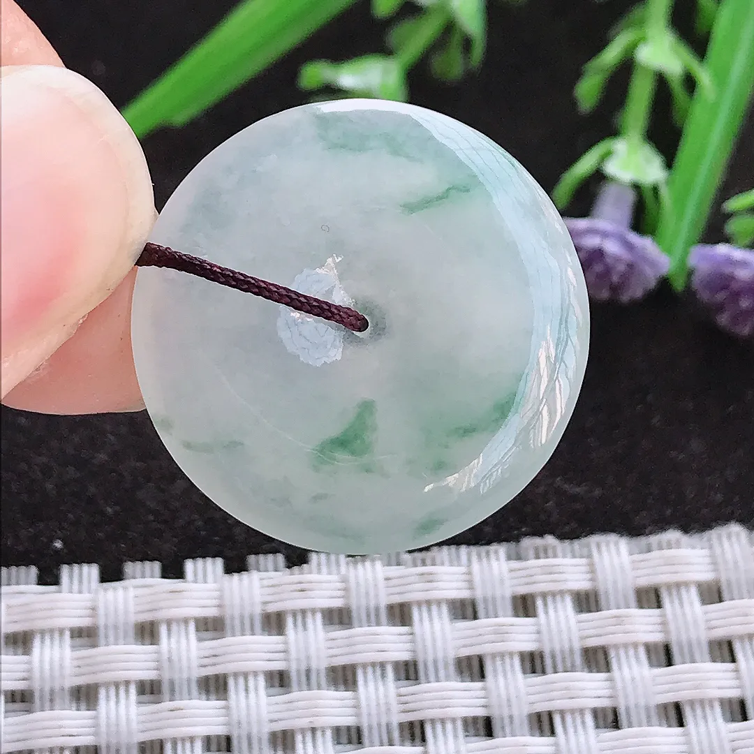 实拍A货翡翠24.7/4.1老坑冰胶水灵飘花小平安扣吊坠翡翠玉扣