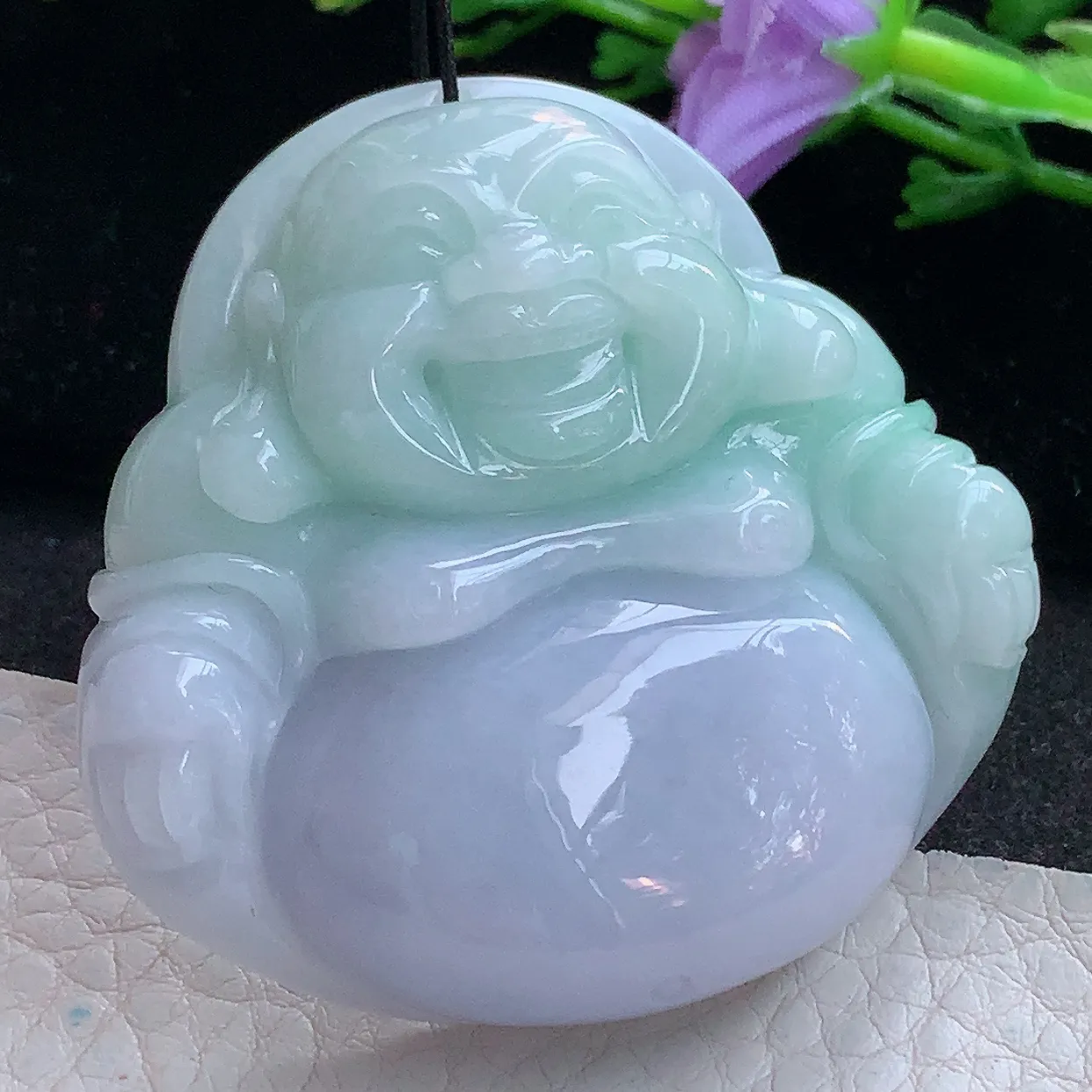 zen实拍48.6*50.5*13天然缅甸翡翠春彩大佛公吊坠 紫罗兰大肚弥勒佛像