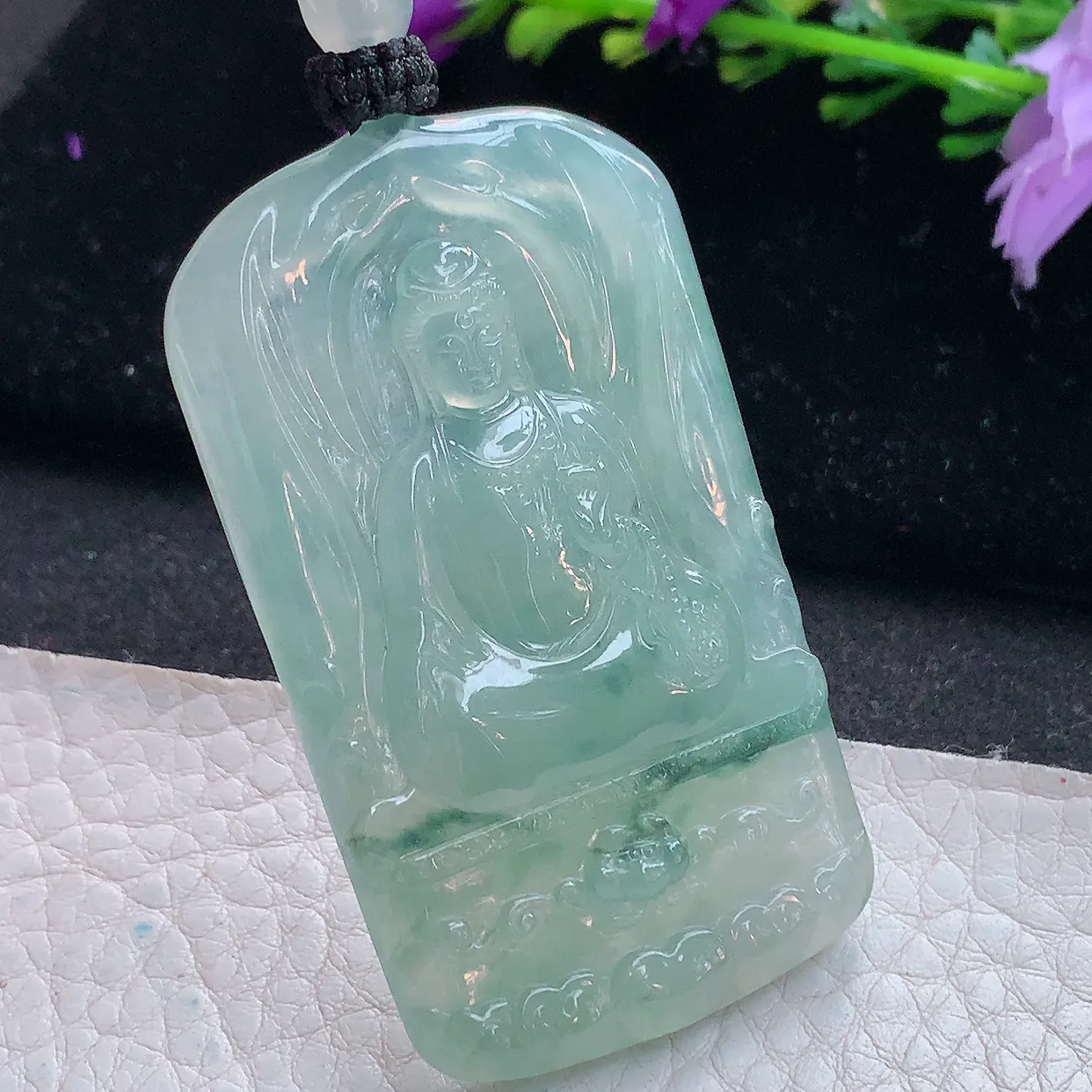 yl实拍57.5*33.3*5.6缅甸翡翠精雕冰飘花坐莲观音菩萨吊坠 普渡众生