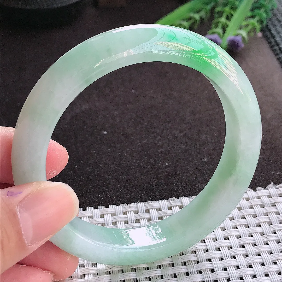 实拍翡翠A货59.5/12.9/9老坑冰润起胶飘阳绿手镯翡翠玉镯女款百搭