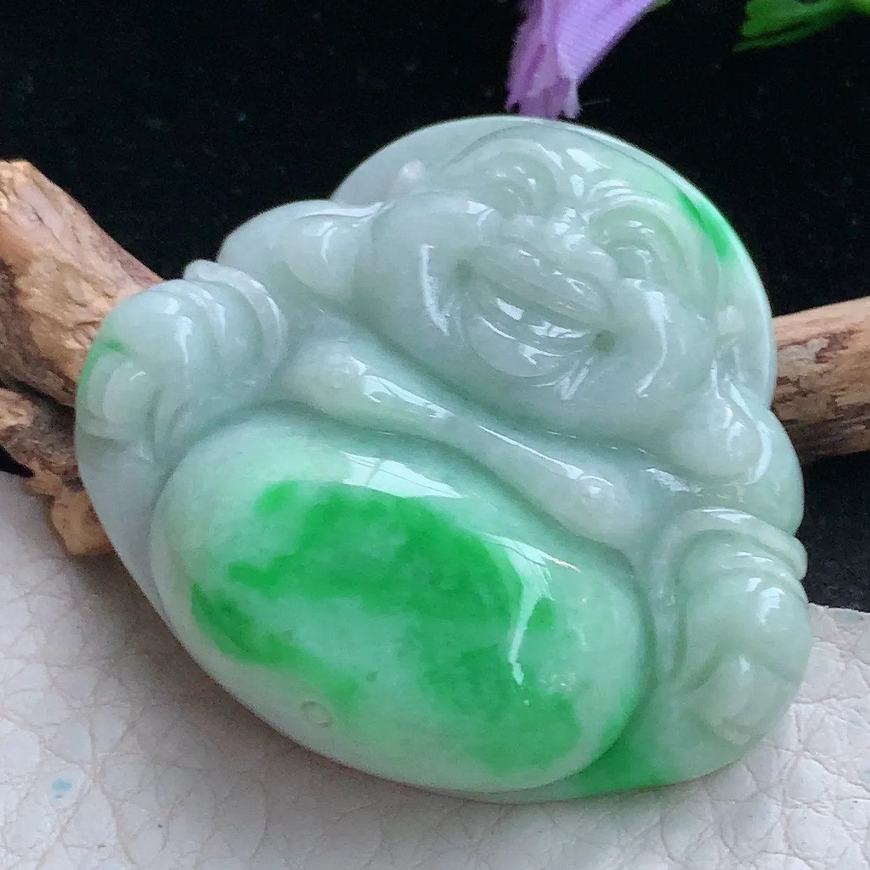 zen实拍41.2*46*12.5天然缅甸翡翠白底青飘阳绿佛公吊坠 大肚弥勒佛像