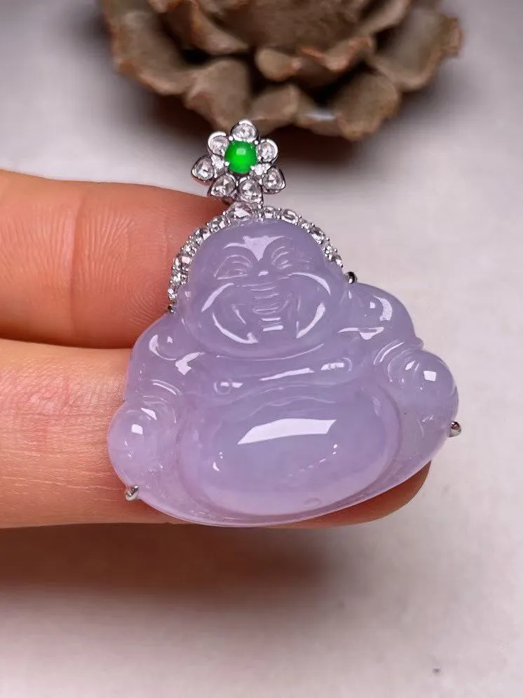 冰糯种淡紫罗兰佛公吊坠、真金真钻镶嵌，种水好，玉质细腻 .裸石尺寸 27.6*23.6