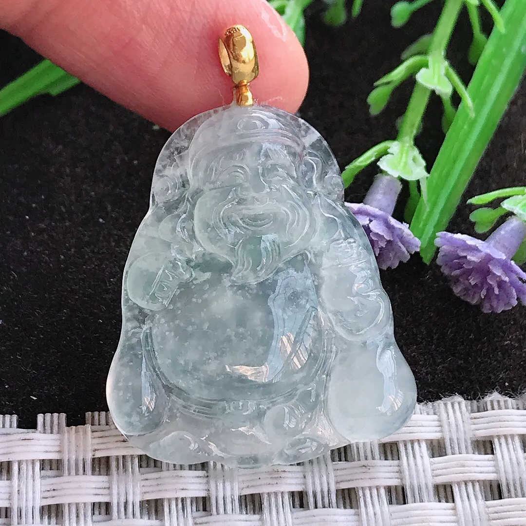 实拍A货翡翠31/26.8/4.5老坑18k金镶嵌雪花棉冰种财神爷吊坠翡翠挂件