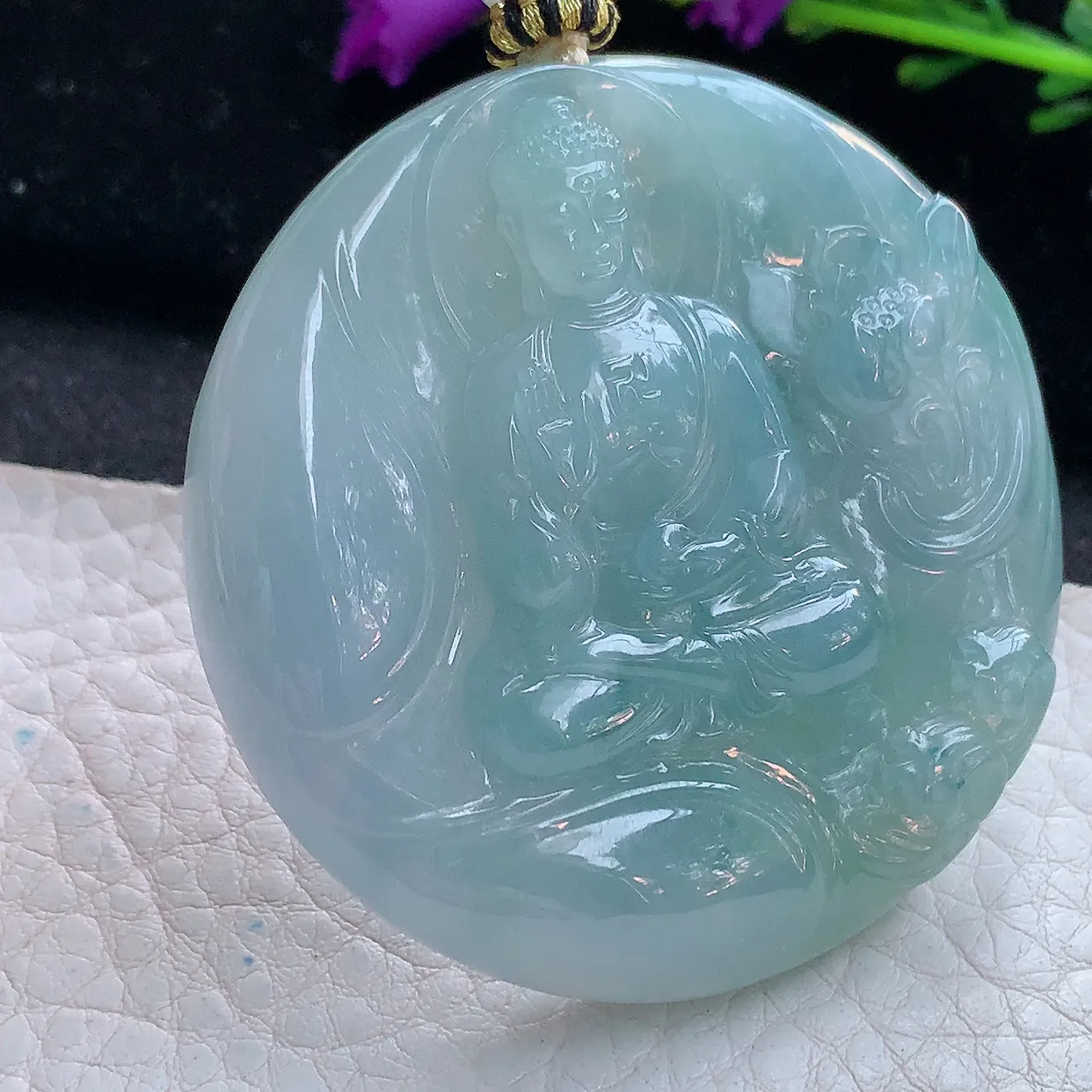 yl实拍52.6*9.3缅甸翡翠精雕蓝紫阿弥陀佛吊坠 如来佛祖生肖守护神，花开见佛