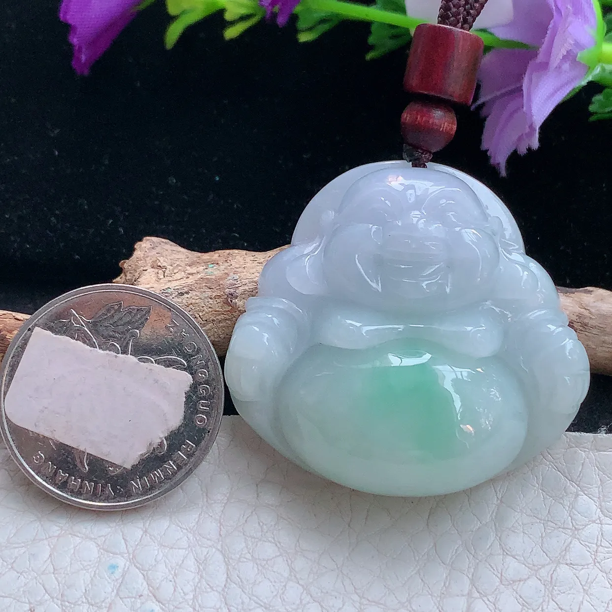 zen实拍38.2*40.3*12.8天然缅甸翡翠飘绿淡紫佛公吊坠 大肚弥勒佛像