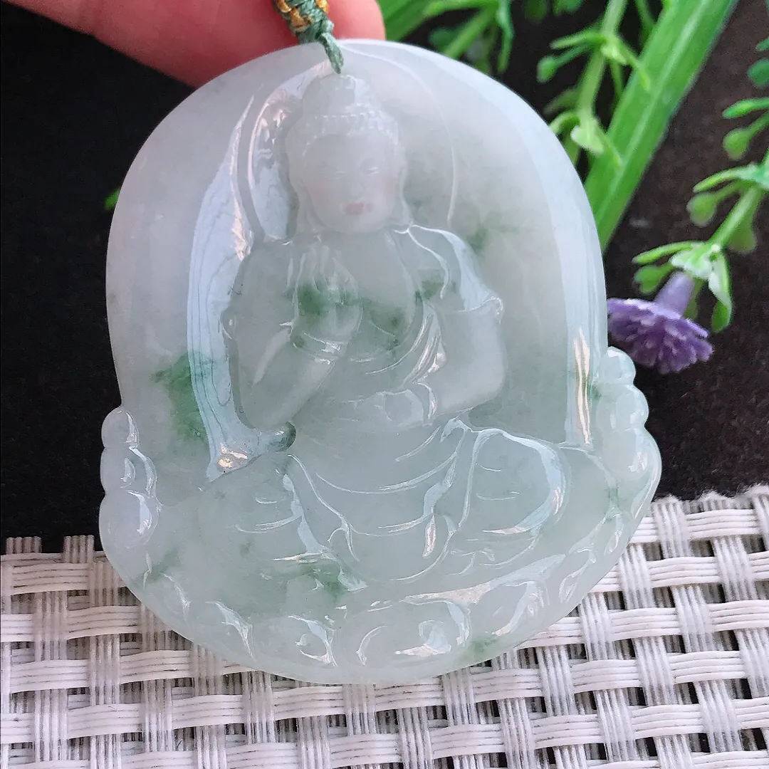 实拍A货翡翠51.6/46.3/5.8老坑冰润起胶飘花阿弥陀佛吊坠翡翠挂件