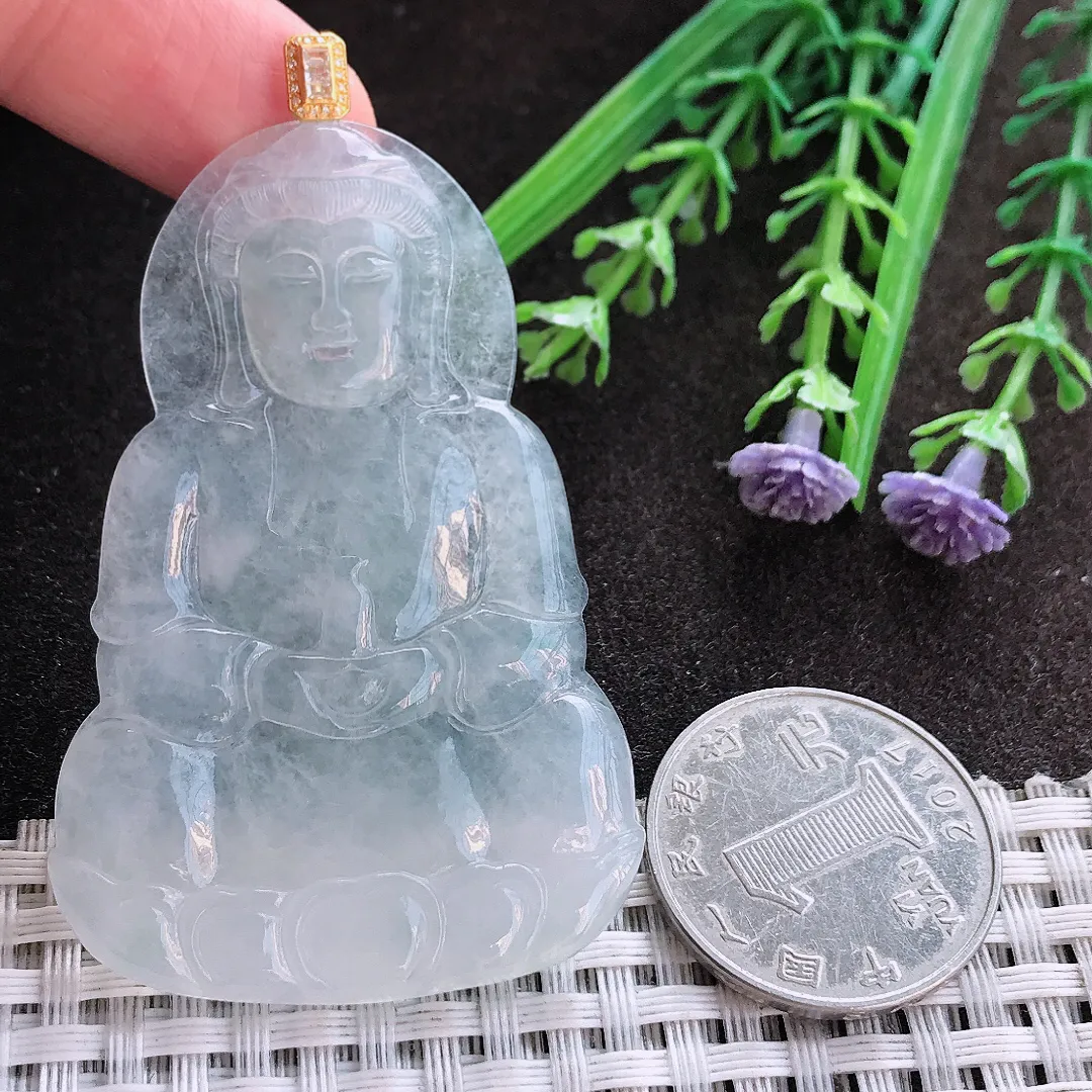 实拍A货翡翠59.5/39.8/4.2老坑18k金镶嵌白冰种观音吊坠翡翠挂件