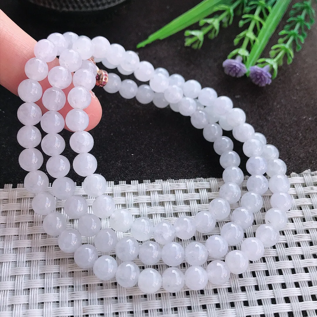 实拍A货翡翠7/98颗老坑秀气冰润月光白圆珠项链玉珠链女款