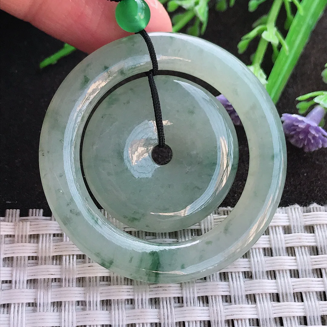 实拍A货翡翠43.7/4.8老坑冰润起胶飘花母子扣吊坠翡翠平安扣挂件