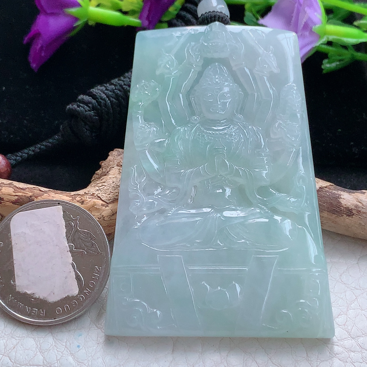 yl实拍64.8*43.8*6.5缅甸翡翠精雕千手观音牌菩萨吊坠 生肖守护神