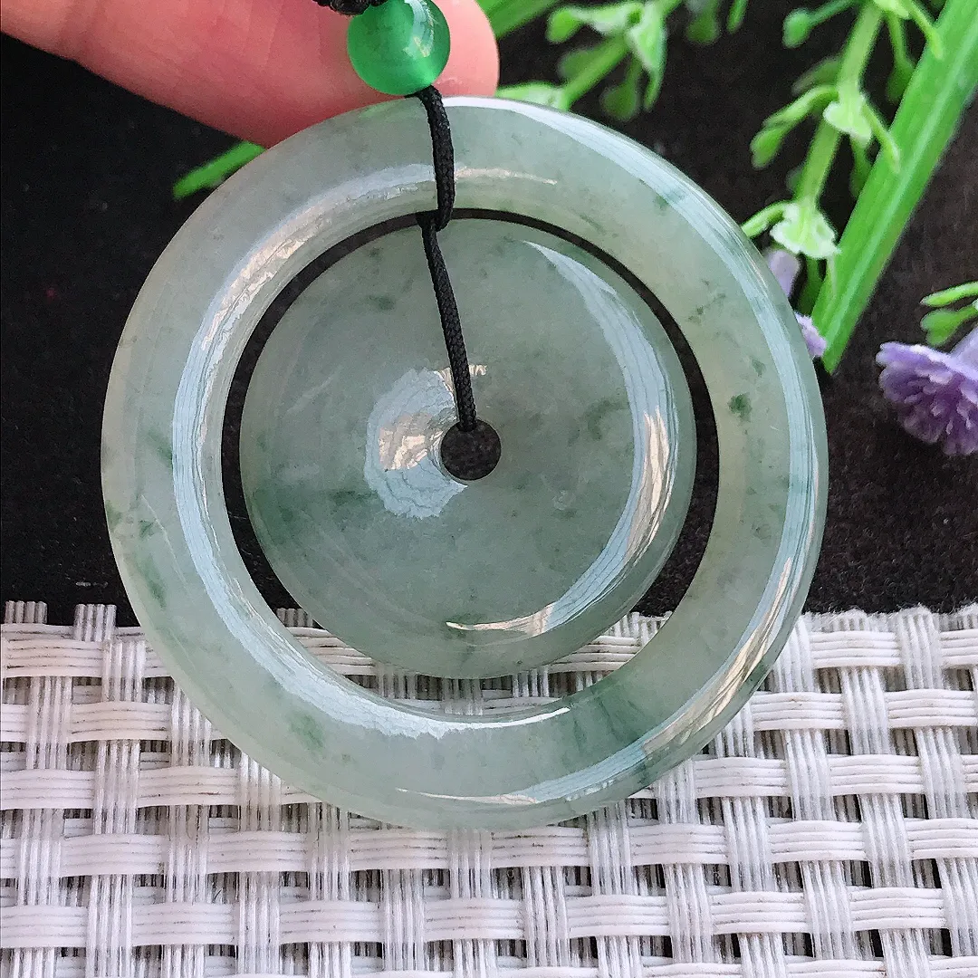 实拍A货翡翠43.7/4.8老坑冰润起胶飘花母子扣吊坠翡翠平安扣挂件