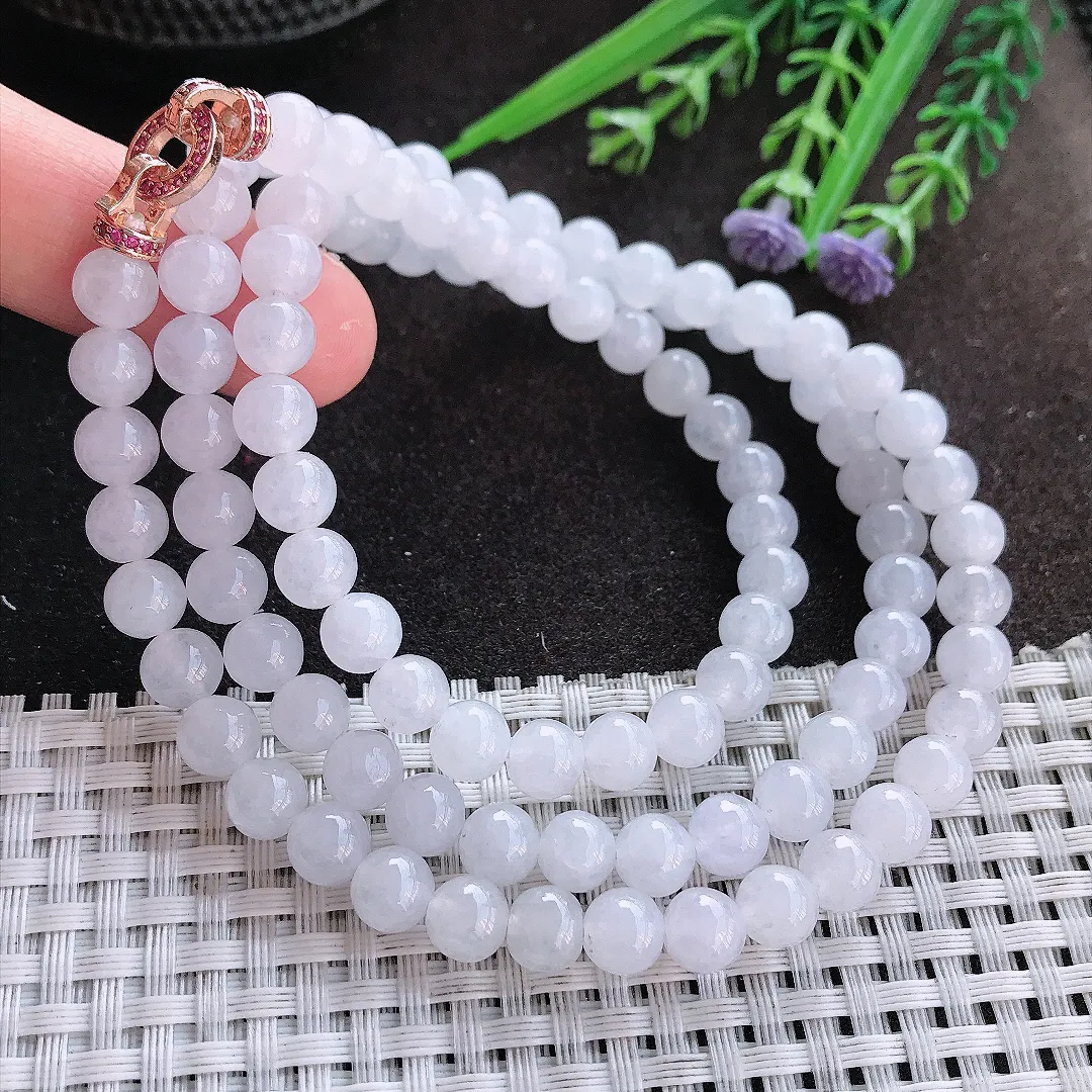 实拍A货翡翠7/98颗老坑秀气冰润月光白圆珠项链玉珠链女款