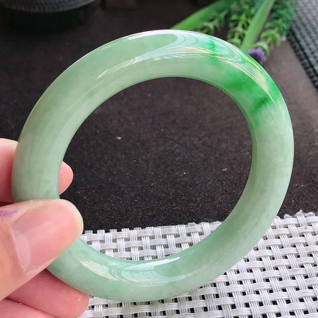 实拍翡翠A货56/11.3/11.5老坑精美温润满绿阳绿圆条手镯翡翠玉镯女款百搭
