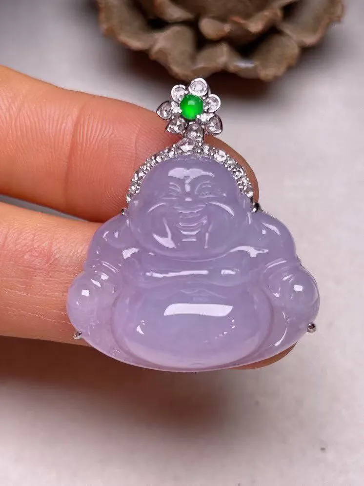 冰糯种淡紫罗兰佛公吊坠、真金真钻镶嵌，种水好，玉质细腻 .裸石尺寸 27.6*23.6