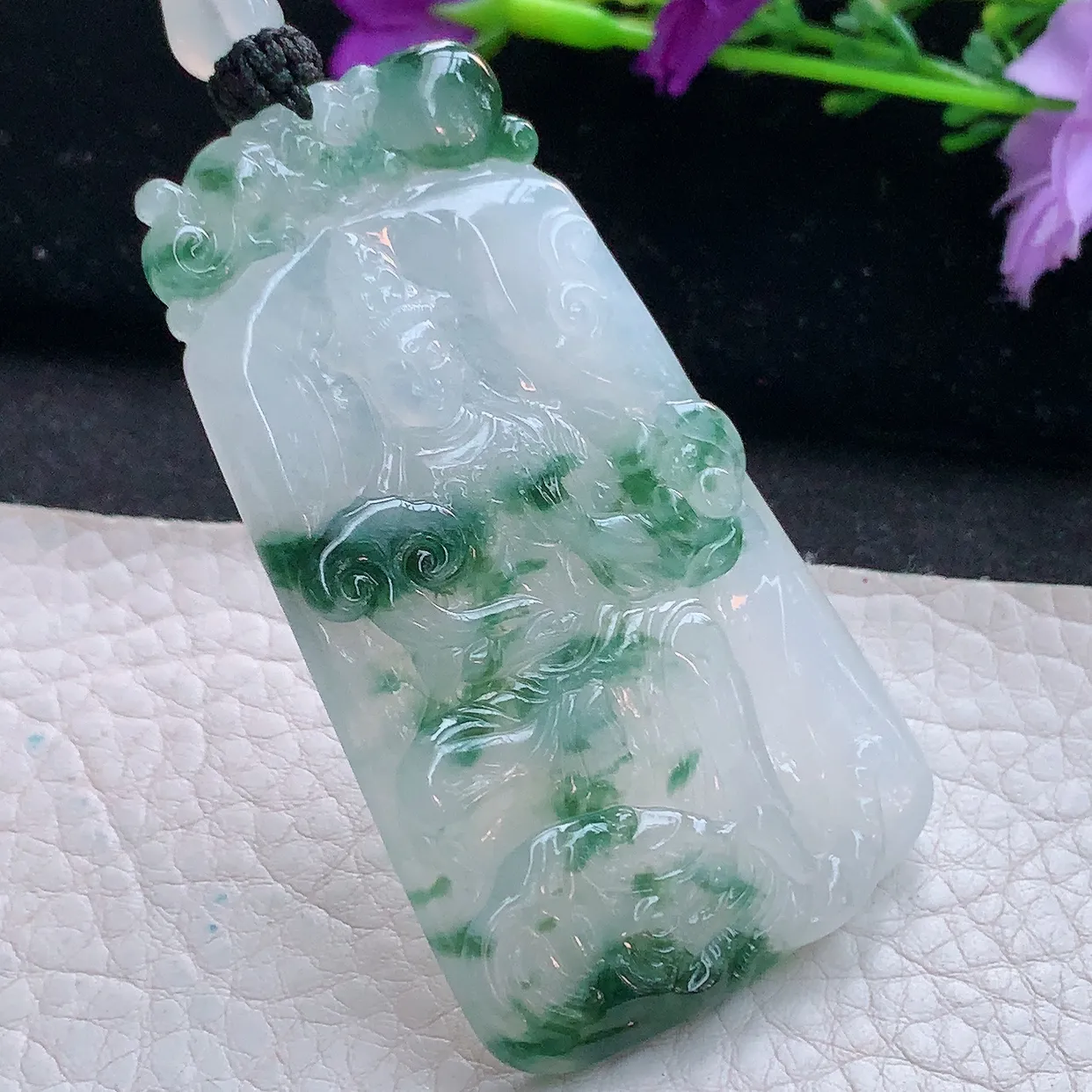 yl实拍63.5*36*5.2缅甸翡翠精雕冰飘花普贤观音菩萨吊坠 生肖守护神