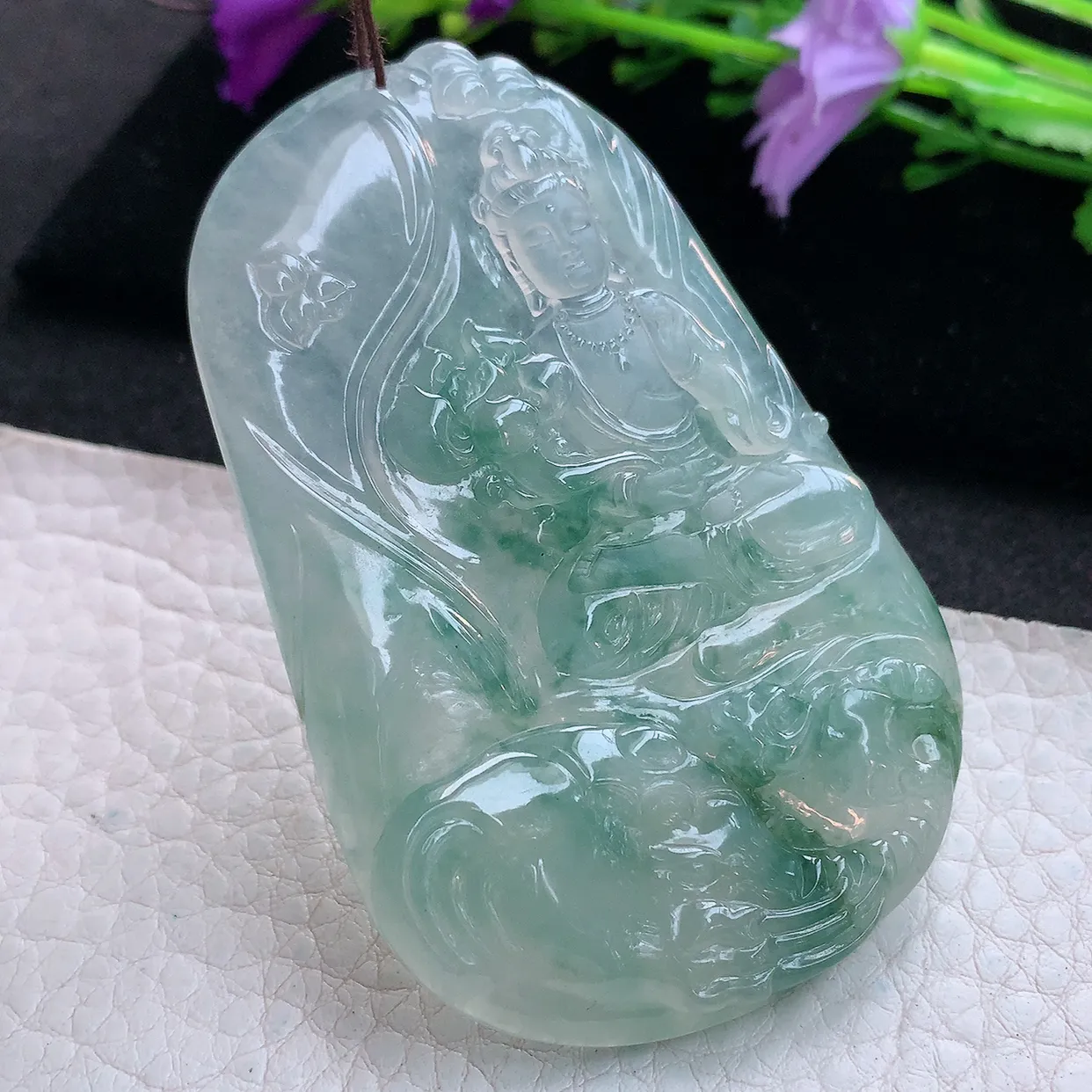 Ktj实拍70.5*46.5*5.8缅甸翡翠精雕冰飘花普贤观音菩萨吊坠 生肖守护神