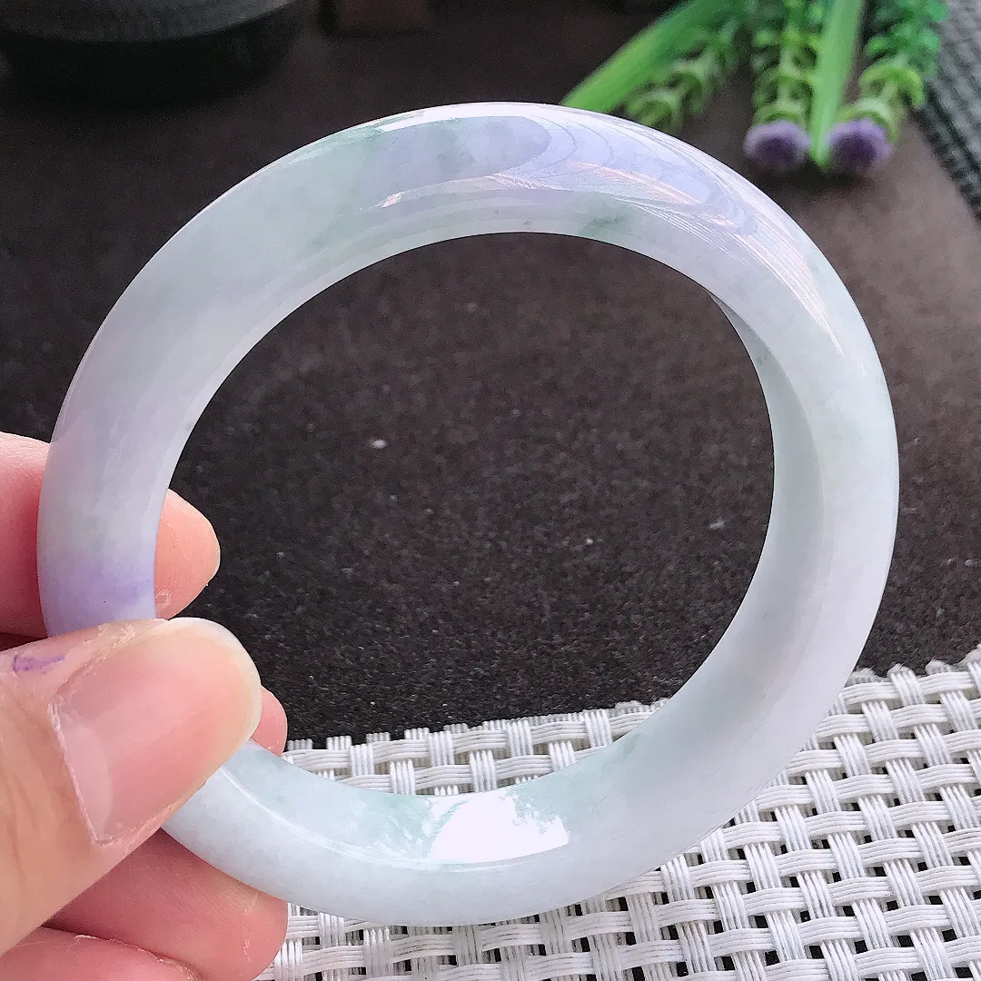 实拍翡翠A货57.5/12.5/9.2老坑精美冰润紫罗兰飘花手镯翡翠玉镯女款百搭