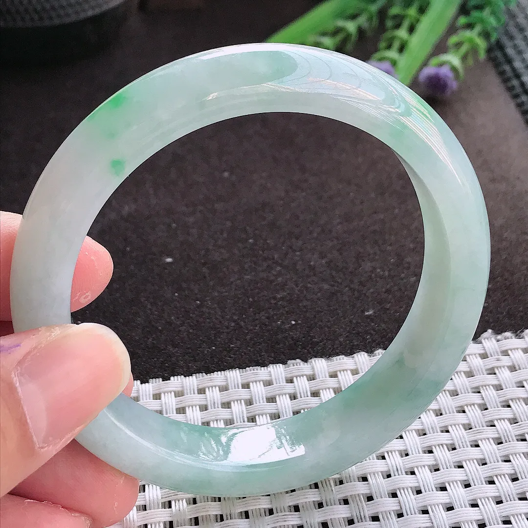 实拍翡翠A货58/12.7/8.5老坑冰润起胶飘绿手镯翡翠玉镯女款百搭