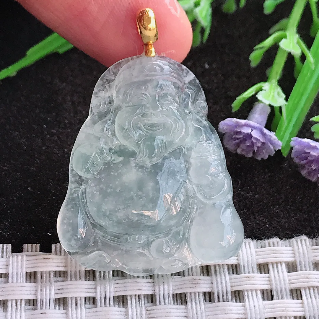 实拍A货翡翠31/26.8/4.5老坑18k金镶嵌雪花棉冰种财神爷吊坠翡翠挂件