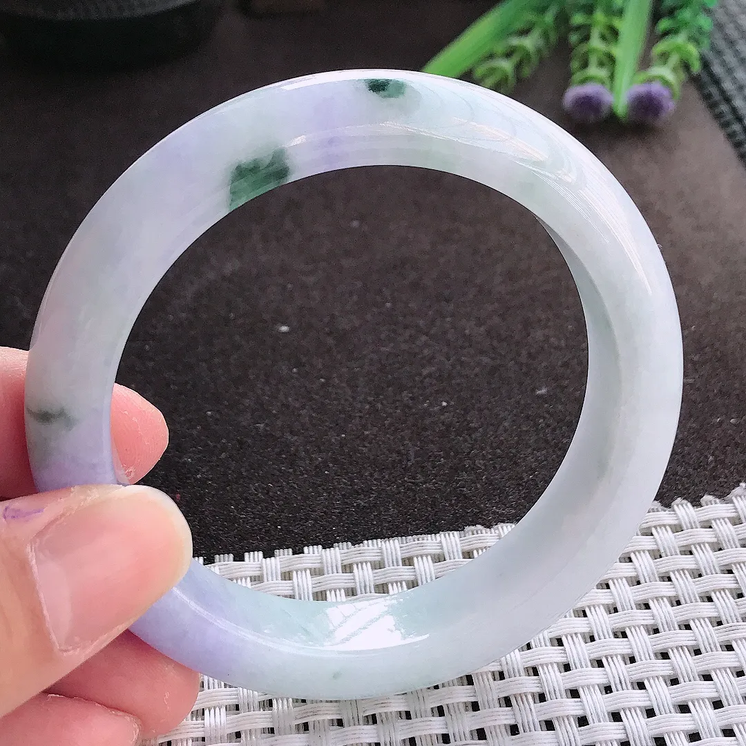 实拍翡翠A货57.5/12.5/9.2老坑精美冰润紫罗兰飘花手镯翡翠玉镯女款百搭