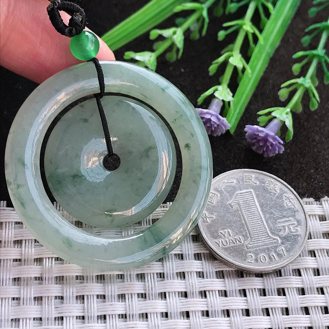 实拍A货翡翠43.7/4.8老坑冰润起胶飘花母子扣吊坠翡翠平安扣挂件