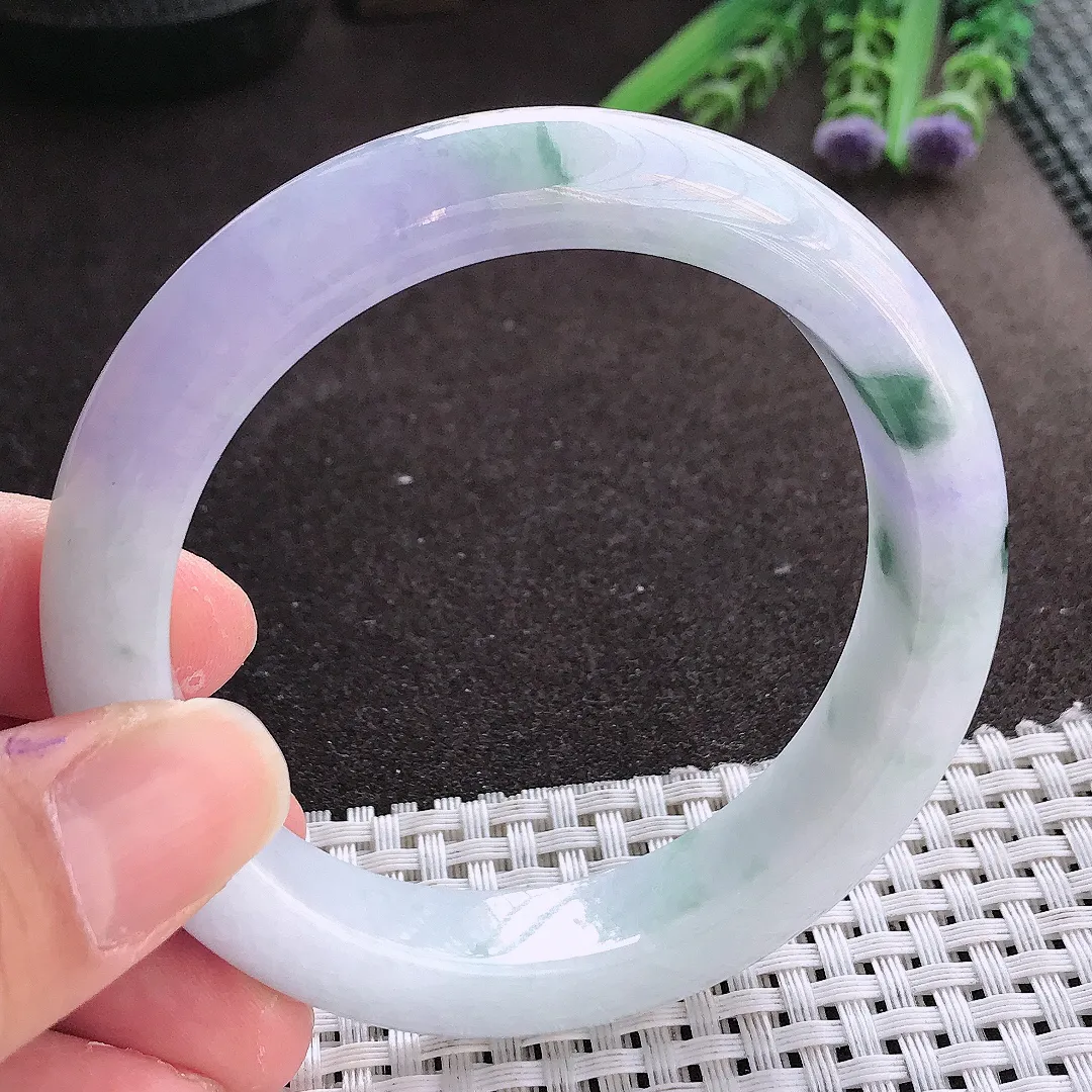 实拍翡翠A货57.5/12.5/9.2老坑精美冰润紫罗兰飘花手镯翡翠玉镯女款百搭