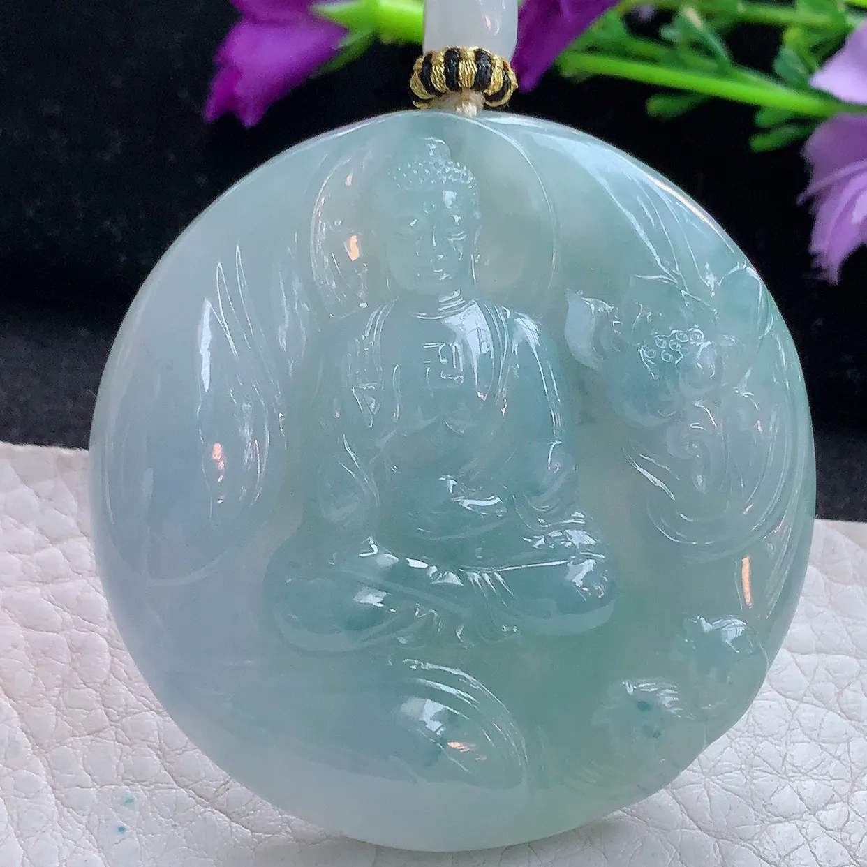 yl实拍52.6*9.3缅甸翡翠精雕蓝紫阿弥陀佛吊坠 如来佛祖生肖守护神，花开见佛