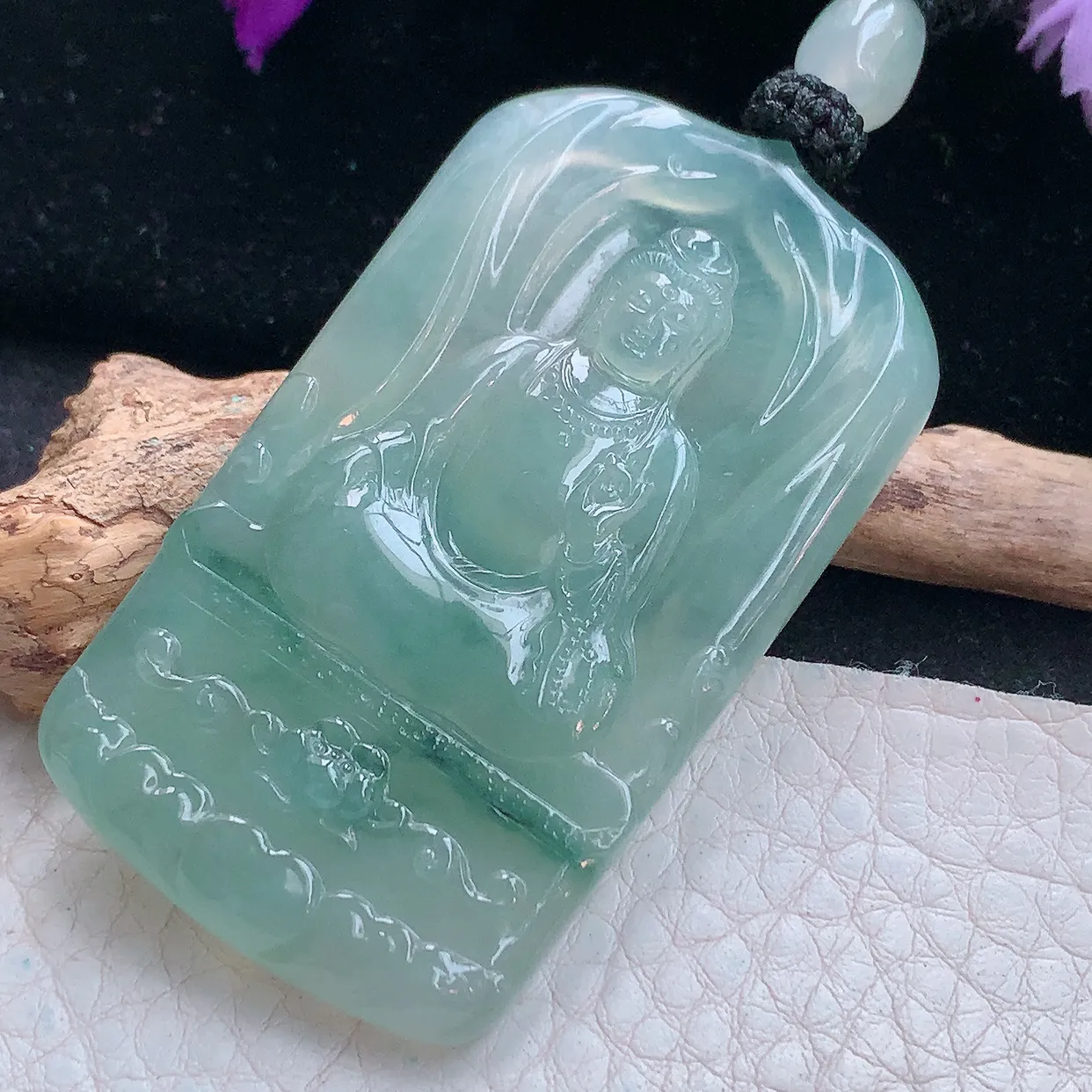 yl实拍57.5*33.3*5.6缅甸翡翠精雕冰飘花坐莲观音菩萨吊坠 普渡众生