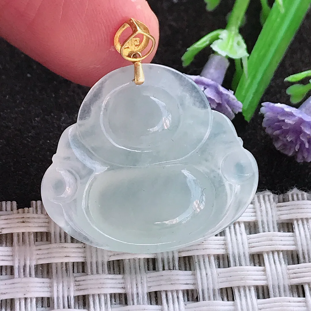 实拍A货翡翠24/29/6.3老坑18k金镶嵌白冰种佛公吊坠翡翠挂件