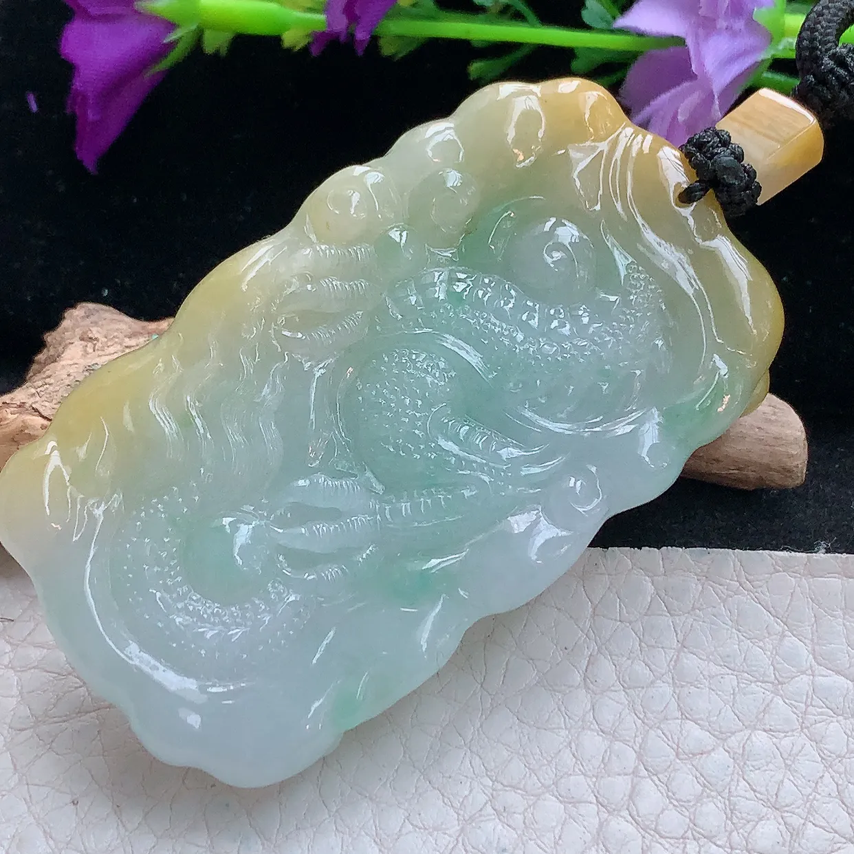 yl实拍66.6*38*11.6缅甸翡翠精雕黄加绿龙牌项坠 厚装霸气神龙降瑞