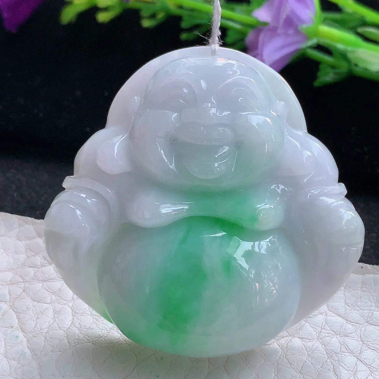 zen实拍41.2*46*12天然缅甸翡翠白底青飘绿大佛公吊坠 大肚弥勒佛像毛衣坠