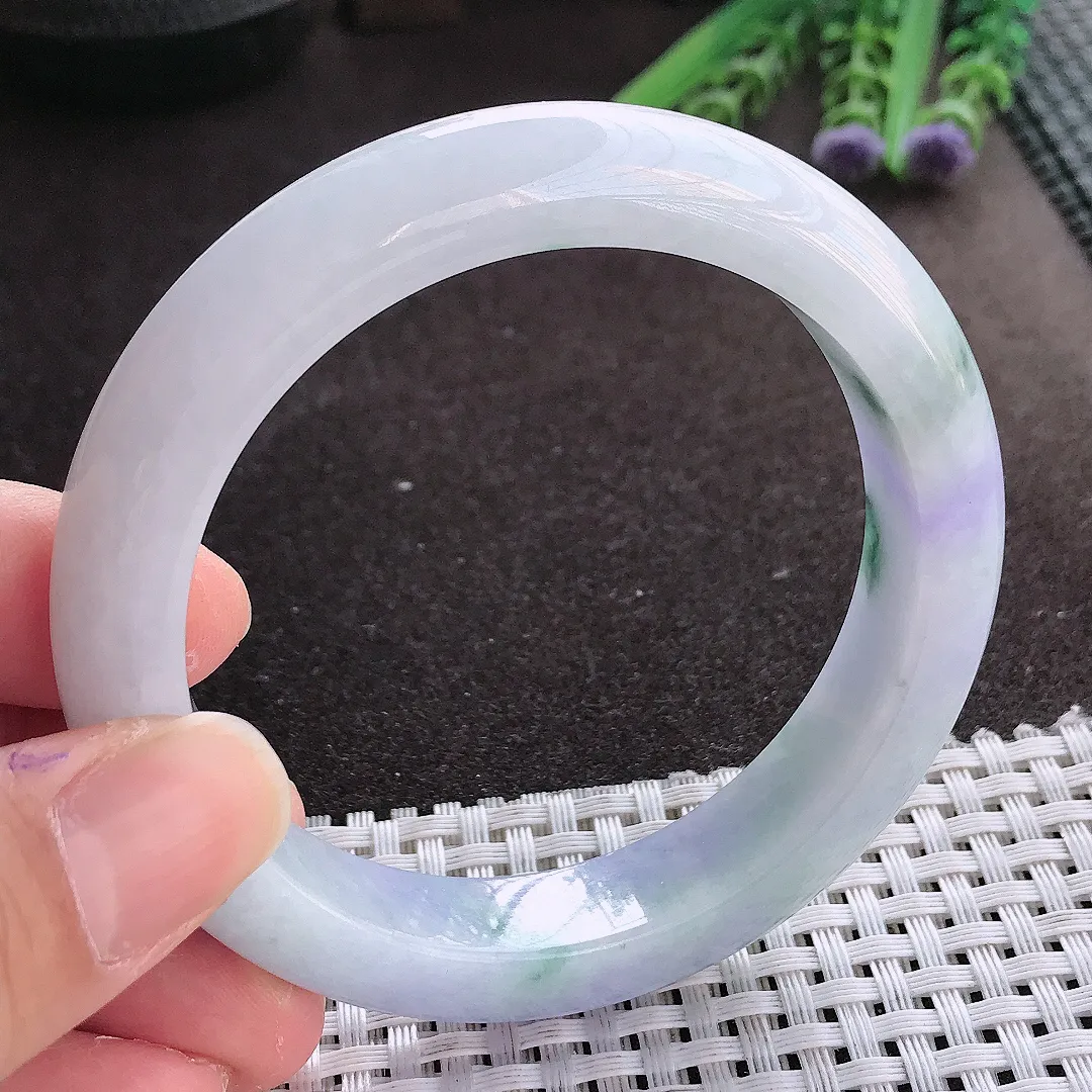 实拍翡翠A货57.5/12.5/9.2老坑精美冰润紫罗兰飘花手镯翡翠玉镯女款百搭