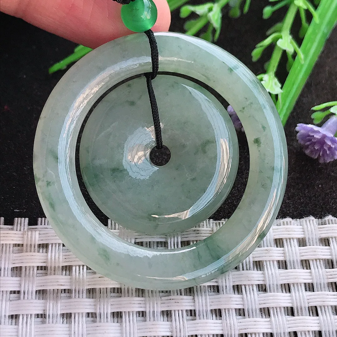 实拍A货翡翠43.7/4.8老坑冰润起胶飘花母子扣吊坠翡翠平安扣挂件