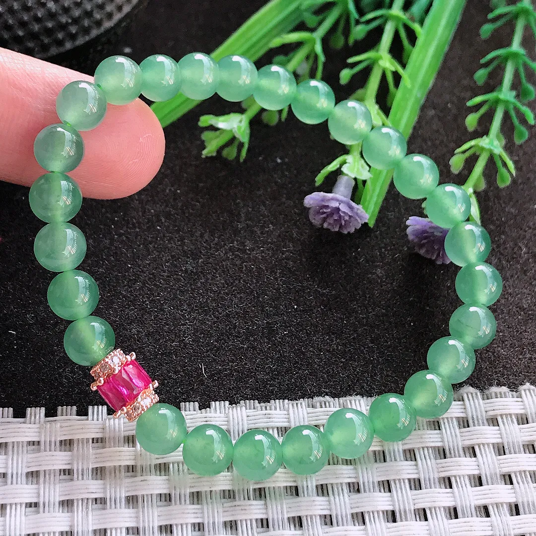 实拍A货翡翠6.5/27颗老坑冰种起胶冰晴满绿圆珠手链项链手串女款