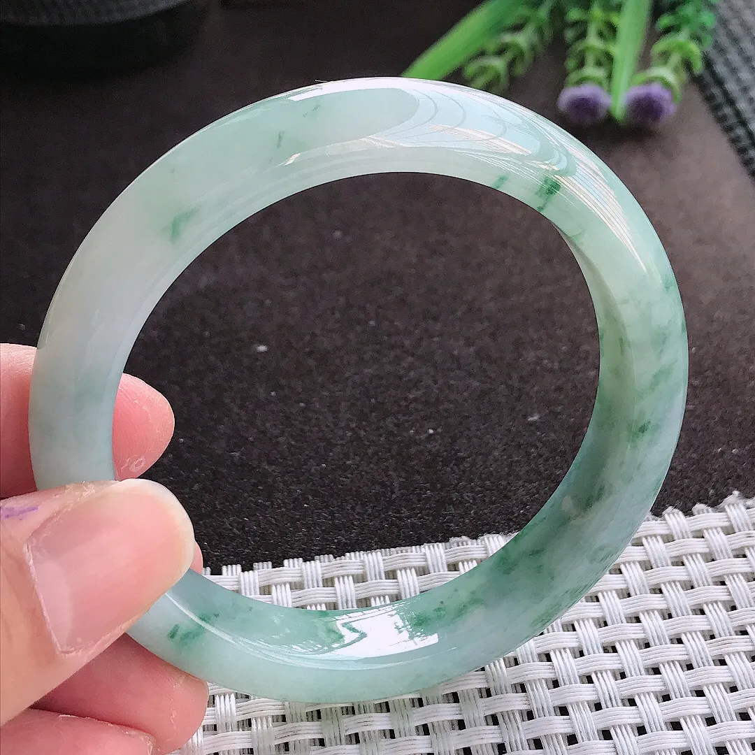 实拍翡翠A货57.5/12.8/8.2老坑冰润水灵飘花手镯翡翠玉镯女款百搭