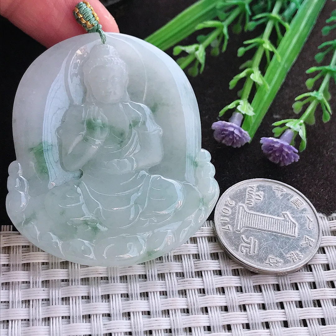 实拍A货翡翠51.6/46.3/5.8老坑冰润起胶飘花阿弥陀佛吊坠翡翠挂件